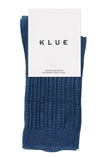 Blue sock with KLUE label on a white background