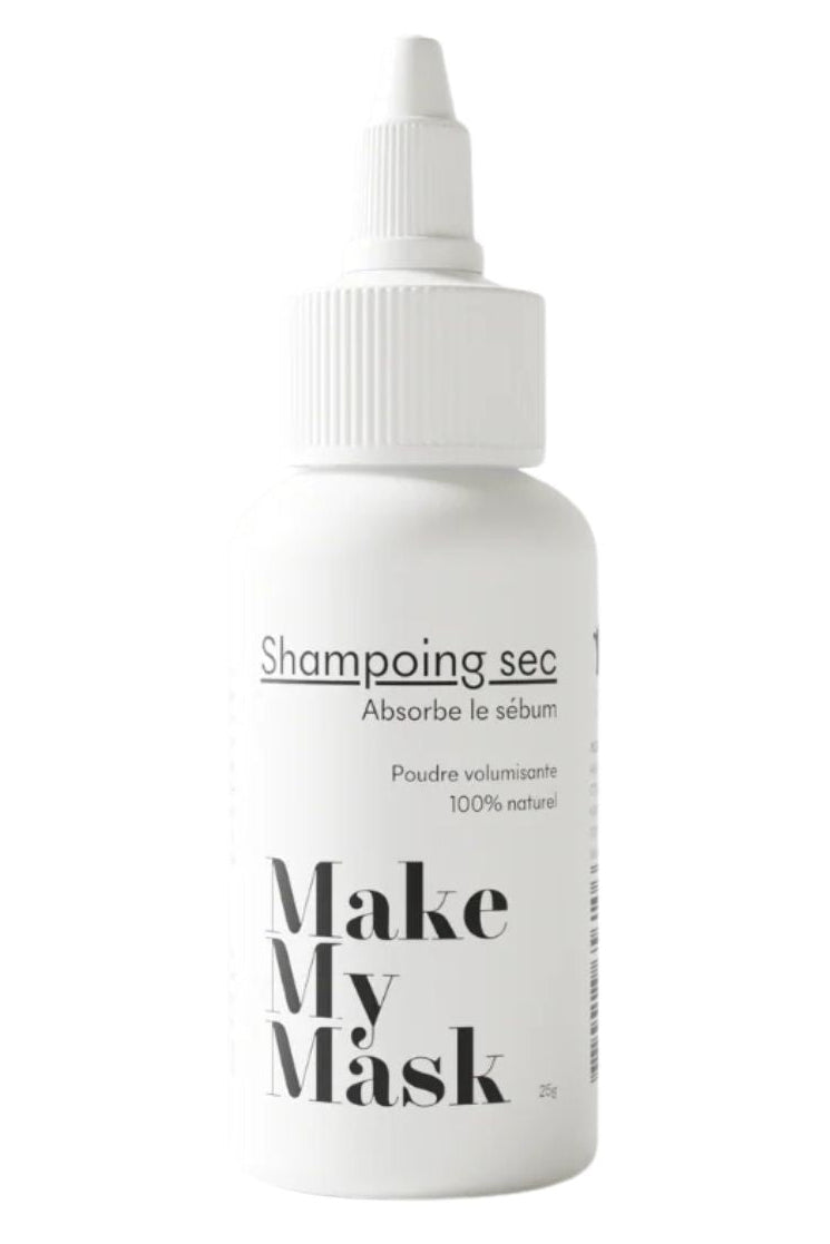 White bottle of 'Make My Mask' dry shampoo on a white background