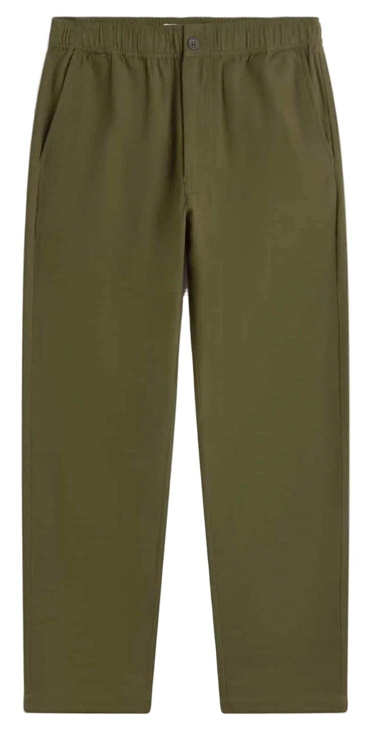 Olive green trousers with an elastic waistband and side pockets, shown flat against a white background.