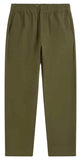 Olive green trousers with an elastic waistband and side pockets, shown flat against a white background.