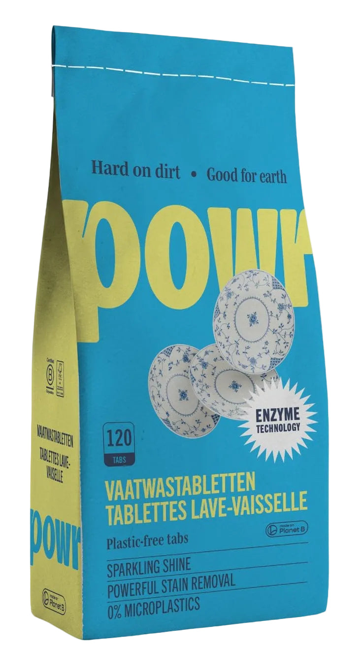 A bag of POWR Laundry Detergent tablets in blue packaging with yellow branding and white text, shown on a plain white background.