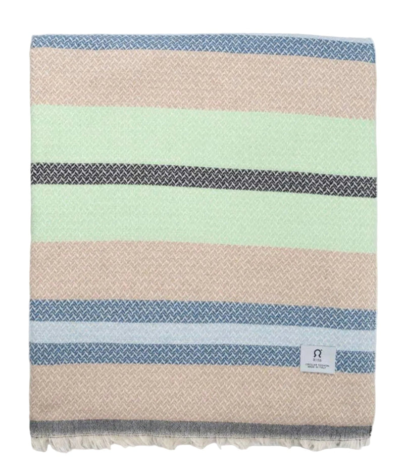 Striped towel with blue, green, and beige colors on a white background