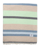 Striped towel with blue, green, and beige colors on a white background