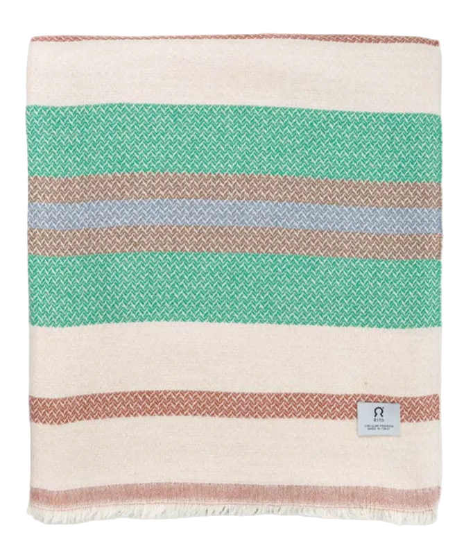 Striped blanket with green, brown, and beige pattern on a white background