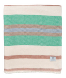Striped blanket with green, brown, and beige pattern on a white background