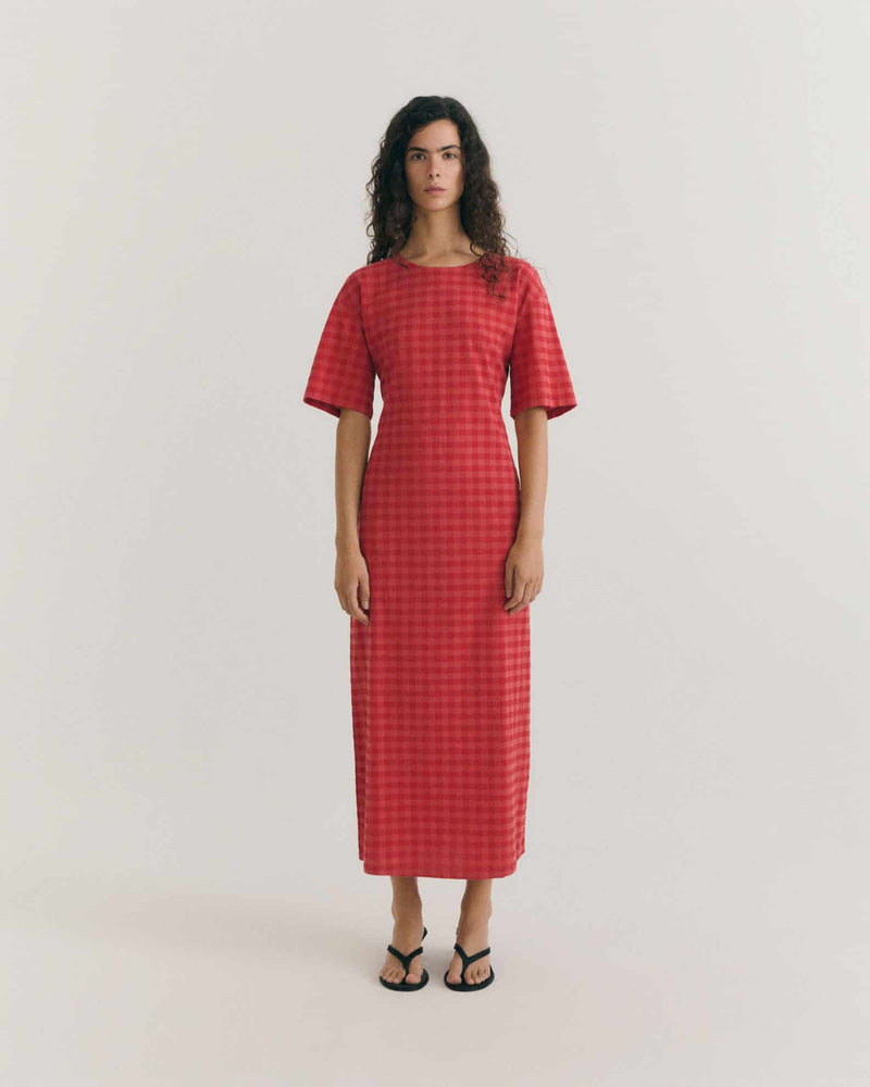 THINKING MU Kina seersucker dress red checks women