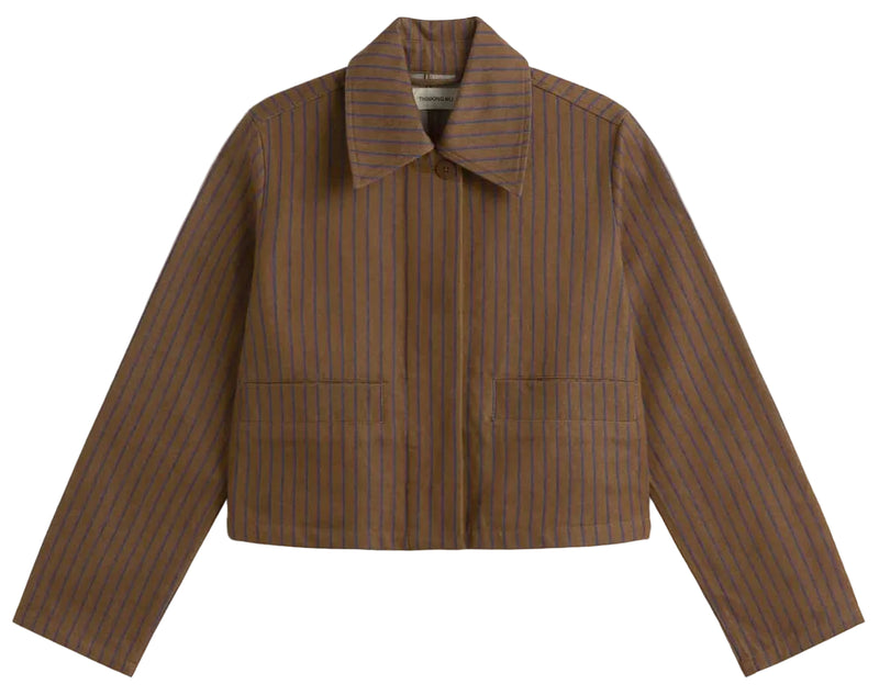 A cropped brown jacket with fine vertical pinstripes, featuring a pointed collar, long sleeves, and two front patch pockets, displayed flat against a solid white background.